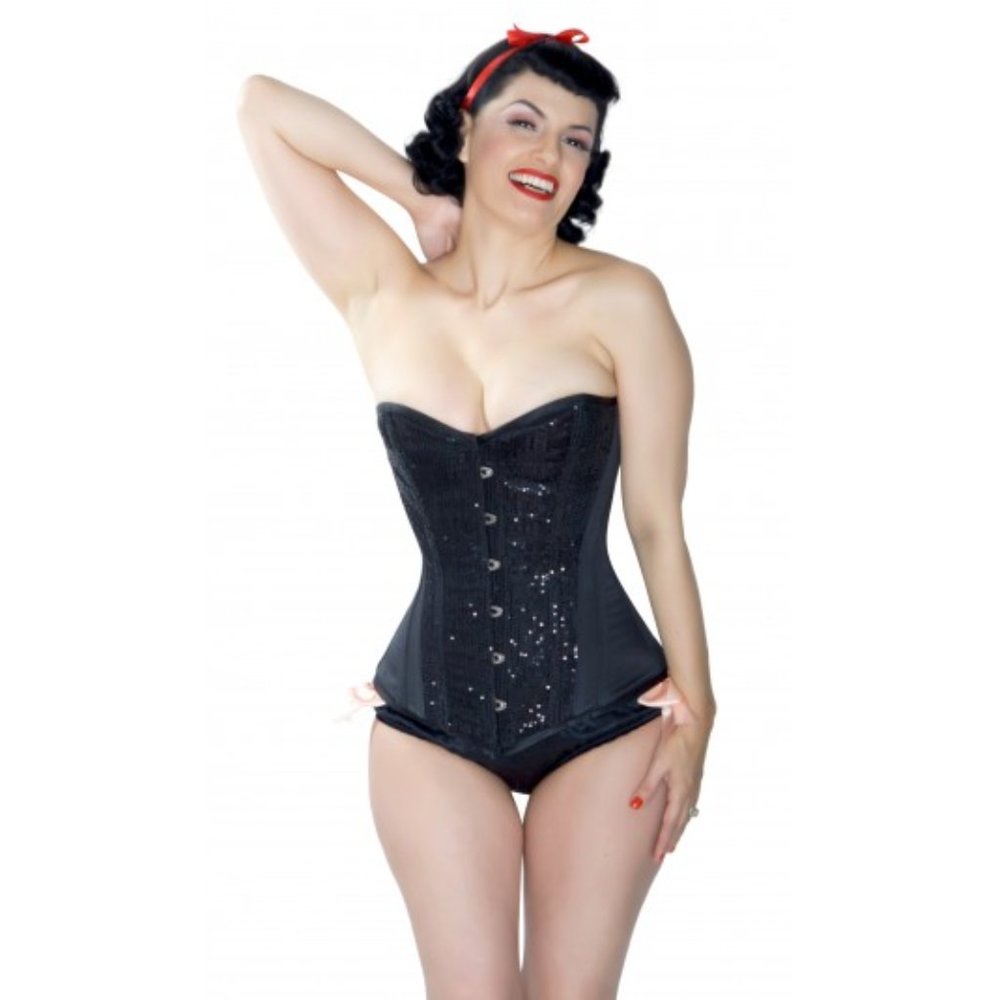 NWT! PLAYGIRL BLACK SATIN STEEL BONED OVERBUST CORSET WITH SEQUINS 20" Black
